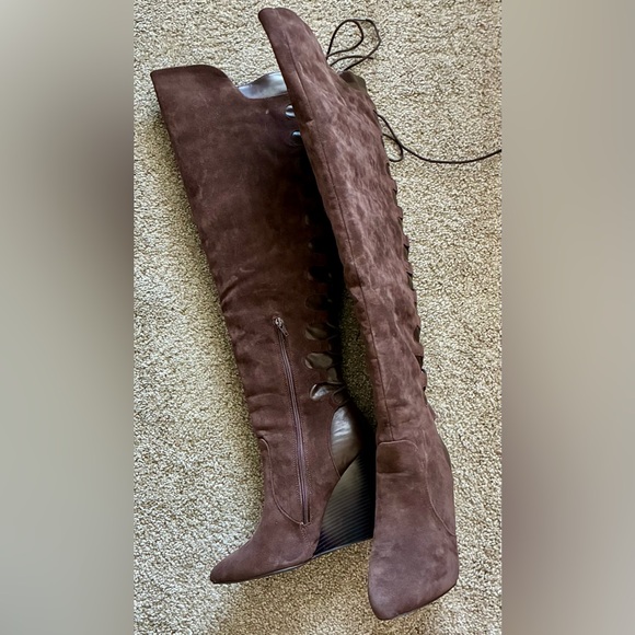 Olga Brown Suede Over-the-Knee Lace-Up Wedge Boots Size 10 - Picture 3 of 7
